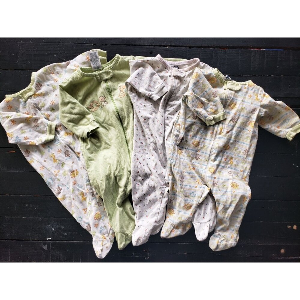 Gerber Baby Boy 0-3 Months Pajamas Set of 4 Zipper White Green Footie PJs